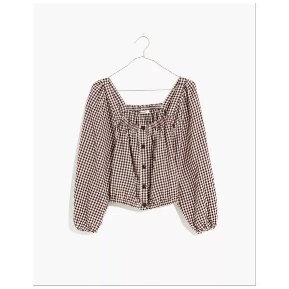 [NWT] Madewell Gingham Crop Puff Sleeve Button Down Blouse - Picture 5 of 5